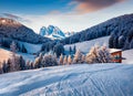 Frosty morning view of Alpe di Siusi village. AI generated image