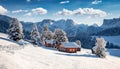 Frosty morning view of Alpe di Siusi village. Breathtaking winter landscape of Dolomite Alps.