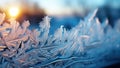 Frosty natural pattern on the window at sunset. Winter background