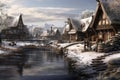 Frosty Nordic village view snow. Generate Ai Royalty Free Stock Photo