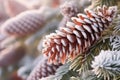 frosty pine cones on a coniferous tree illustrating winter dormancy Royalty Free Stock Photo