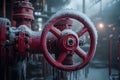 Industrial Winter Scene with Frost-Covered Red Valve Wheel for Cold Climate Technology Designs Generative AI Royalty Free Stock Photo