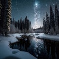 Frosty reflections in the night: winter landscape in the mountains with coniferous forest Royalty Free Stock Photo