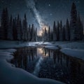 Frosty reflections in the night: winter landscape in the mountains with coniferous forest Royalty Free Stock Photo