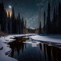 Frosty reflections in the night: winter landscape in the mountains with coniferous forest Royalty Free Stock Photo