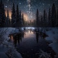 Frosty reflections in the night: winter landscape in the mountains with coniferous forest Royalty Free Stock Photo