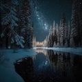 Frosty reflections in the night: winter landscape in the mountains with coniferous forest Royalty Free Stock Photo