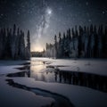 Frosty reflections in the night: winter landscape in the mountains with coniferous forest