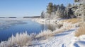 Frosty Shoreline with Trees and a Frozen Lake Royalty Free Stock Photo