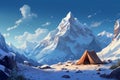 Frosty Snow camp tent mountains. Generate Ai