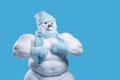 a frosty snow man wearing a blue scarf and gloves