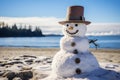 Frosty Snowman beach sunny. Generate Ai