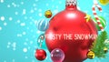 Frosty the snowman and Xmas holidays, pictured as abstract Christmas ornament ball with word Frosty the snowman to symbolize its Royalty Free Stock Photo