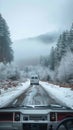 Frosty solitude Misty winter day van scene with text space