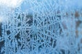 Frosty spider web pattern on transparent glass. Winter background. Close-up Royalty Free Stock Photo