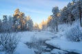 Frosty Sunny morning in the Ural forest, a river, Russia