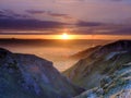 Frosty sunrise over Winnats Pass in the Peak District National Park, UK Royalty Free Stock Photo