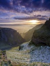 Frosty sunrise over Winnats Pass in the Peak District National Park, UK Royalty Free Stock Photo