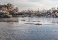 Frosty sunrise on the river Teterev Royalty Free Stock Photo