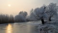 Frosty trees and backwater reflection in sunset time