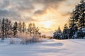 Frosty winter landscape at sunset in forest, sunbeam breaks clouds