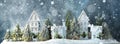 Frosty winter long banner wonderland forest with snowfall, houses and trees. Christmas greetings concept Royalty Free Stock Photo