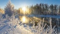 Frosty winter morning landscape with mist and forest river, Russia, Ural