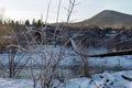 Frosty winter morning in nature, warm morning light on the background of snow, shrubs and trees in patterns of frost.