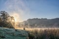 A frosty winter sunrise next to Rydal Water in the Lake District