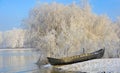 Frosty winter trees and boat Royalty Free Stock Photo