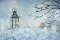 Frosty winter wonderland with snowfall and magic lights. Christmas greeting card. Copy space Royalty Free Stock Photo