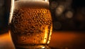 Frothy beer drop illuminates gold pint glass generated by AI