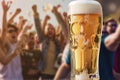 frothy beer glass, fans cheering behind