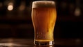 Frothy beer glass on wood table, cold refreshment for relaxation generated by AI