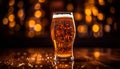 Frothy beer in glowing pint glass, perfect refreshment generated by AI