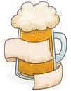 Frothy beer served in a tankard, decorated with scrolls, Vector illustration