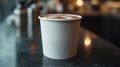 A frothy coffee in a paper cup on a countertop. Royalty Free Stock Photo