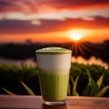 a frothy matcha latte with a stunning sunrise in the background.