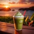 a frothy matcha latte with a stunning sunrise in the background.