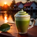 a frothy matcha latte with a stunning sunrise in the background.