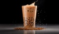 Frothy mocha latte with sweet tapioca pearls on wooden table generated by AI