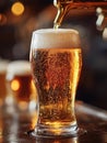 A frothy pint of beer being poured in a dimly lit bar. Royalty Free Stock Photo