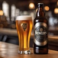 A frothy pint of beer with the brewerys logo on the glass, sitting on a wooden pub table3