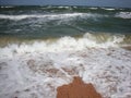 Frothy waves of the sea on the sandy beach. Foamy wave rolls