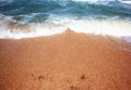 Frothy waves of the sea on the sandy beach. Foamy wave rolls