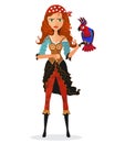 Frowning Pirate cheerful girl with parrot Flat Strict Pirate. Disappointed character isolated on a white background. Vector. Royalty Free Stock Photo