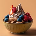 froyo with chocolate and berries in a bowl