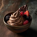 froyo with chocolate and berries in a bowl