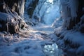 Frozen adventure Hillside climbing leaves human footprints etched in snowy path