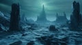 Frozen alien planet - A Fantasy Landscape with blue skies and ruins in the snow Royalty Free Stock Photo